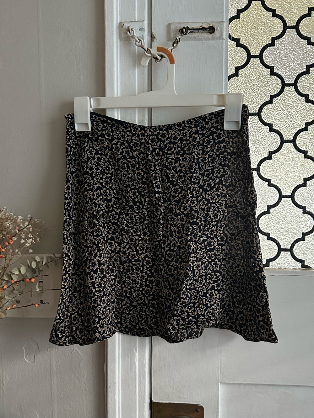 Reformation Black and Cream Floral A-Line Mini Skirt